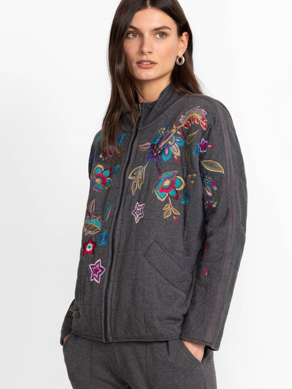 Johnny Was Charcoal Embroidered Bomber Jacket with Multicolor Florals